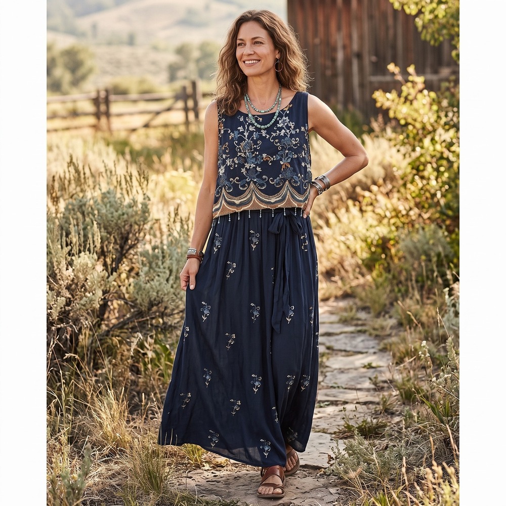 Jane Ashley Maxi Dress Navy Blue Floral Beaded Fringe Overlay Top Womens Large